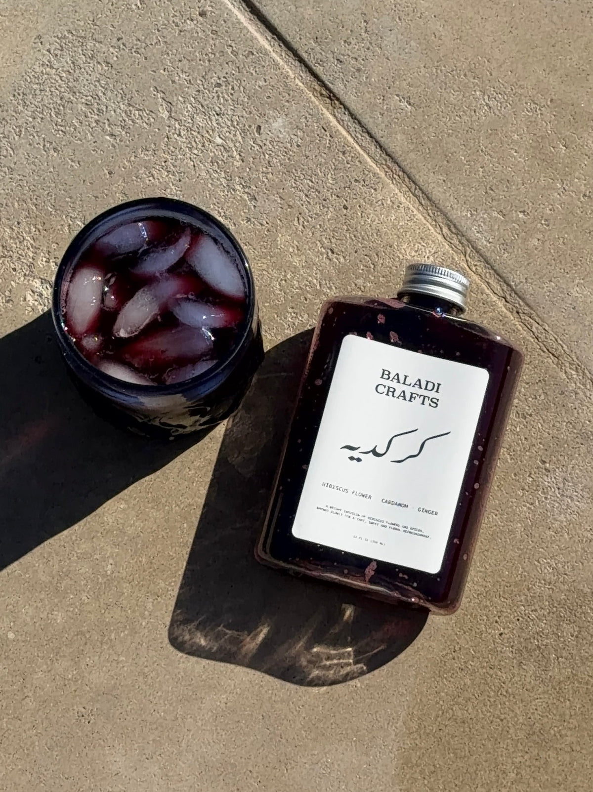 Bottled Egyptian karkadeh hibiscus tea by Baladi Crafts